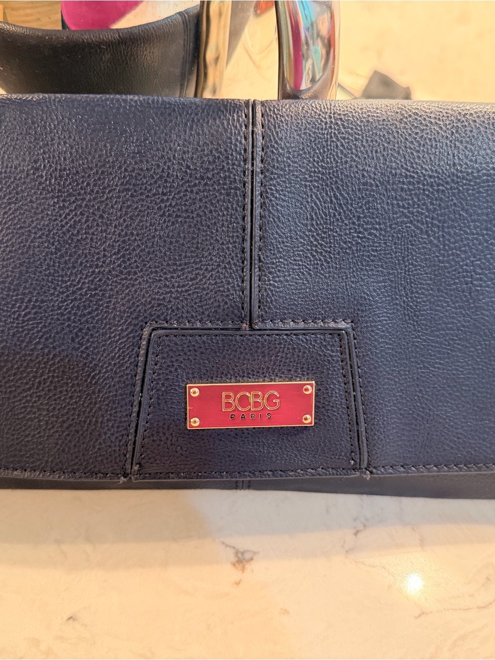 BCBG Navy Leather Tote with Red Logo Plaque and Gold Hardware